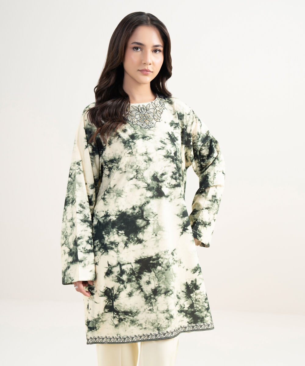 Women's RTW Cotton Viscose Embroidered Off White Straight Shirt