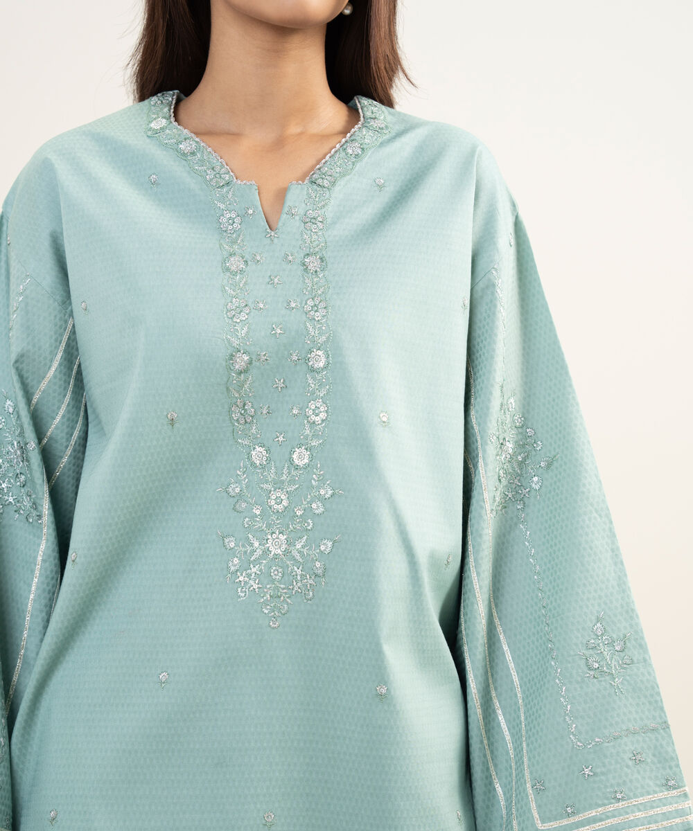 Women's Unstitched Dobby Embroidered Green 3 Piece Suit