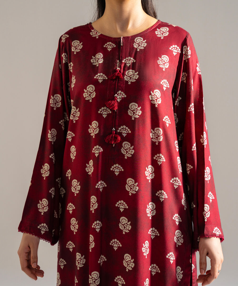 Women's RTW Arabic Lawn Printed Red 2 Piece Suit