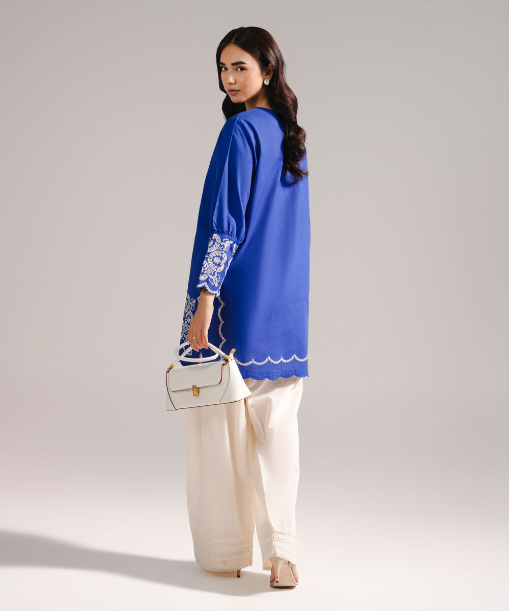 Women's RTW Slub Lawn Embroidered Dark Blue Straight Shirt