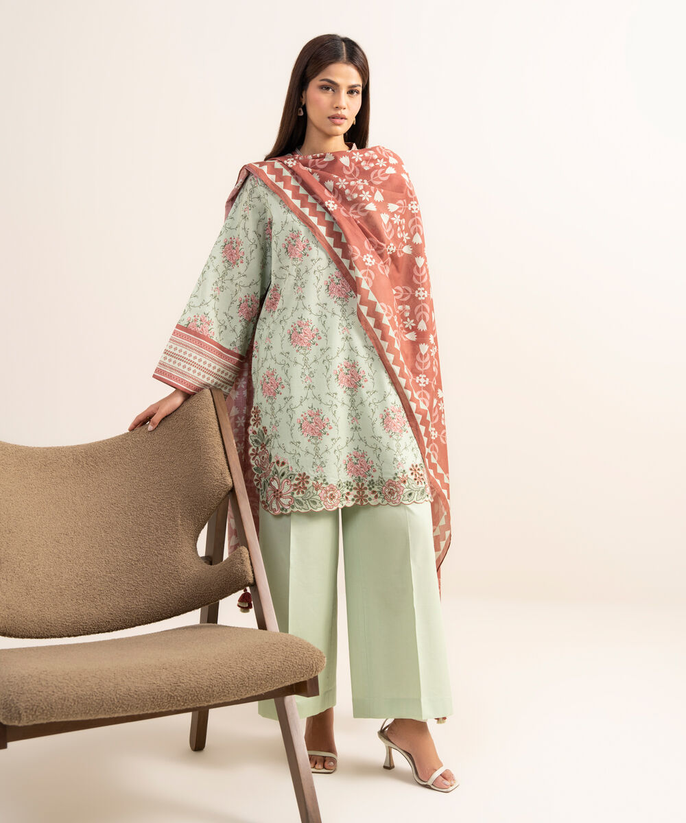 Women's Unstitched Lawn Embroidered Green 3 Piece Suit