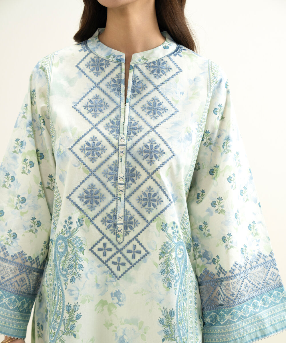 Women's Unstitched Lawn Embroidered Blue 3 Piece Suit