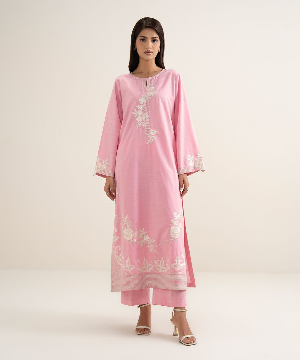 Women's RTW Self Jacquard Embroidered Pink A-Line Shirt