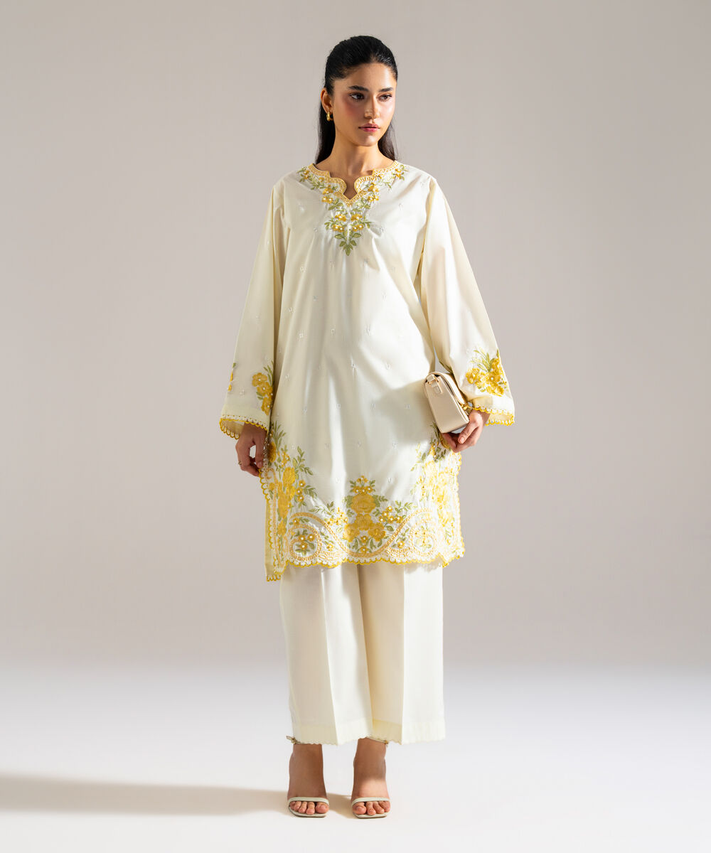 Women's RTW Lawn Embroidered Off White 2 Piece Suit