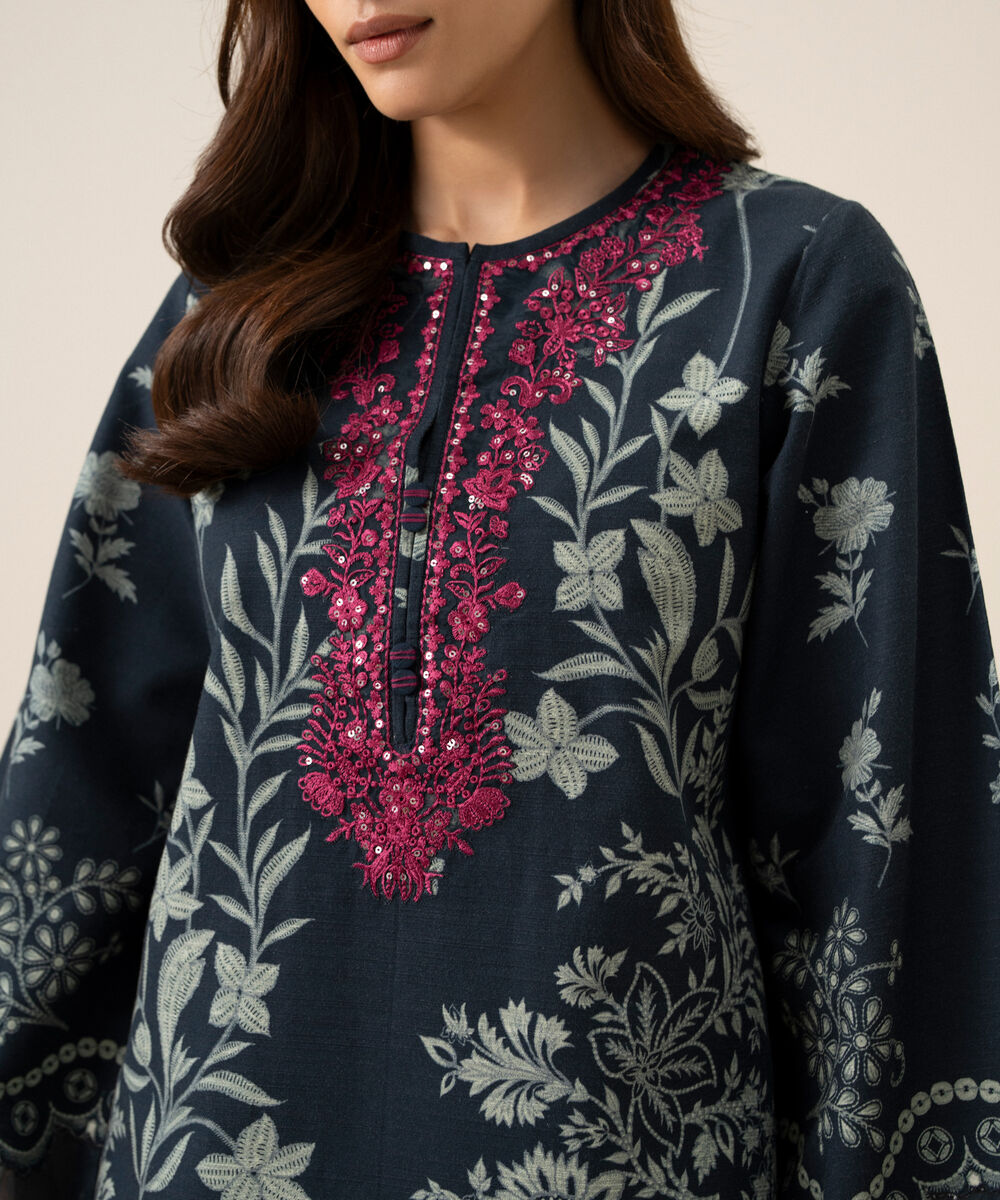 Women's Unstitched Light Khaddar Embroidered Black & White 2 Piece Suit