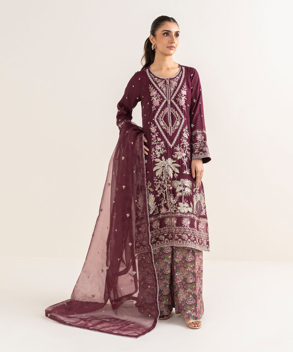 Women's RTW Viscose Raw Silk Embroidered Purple Three Piece Suit