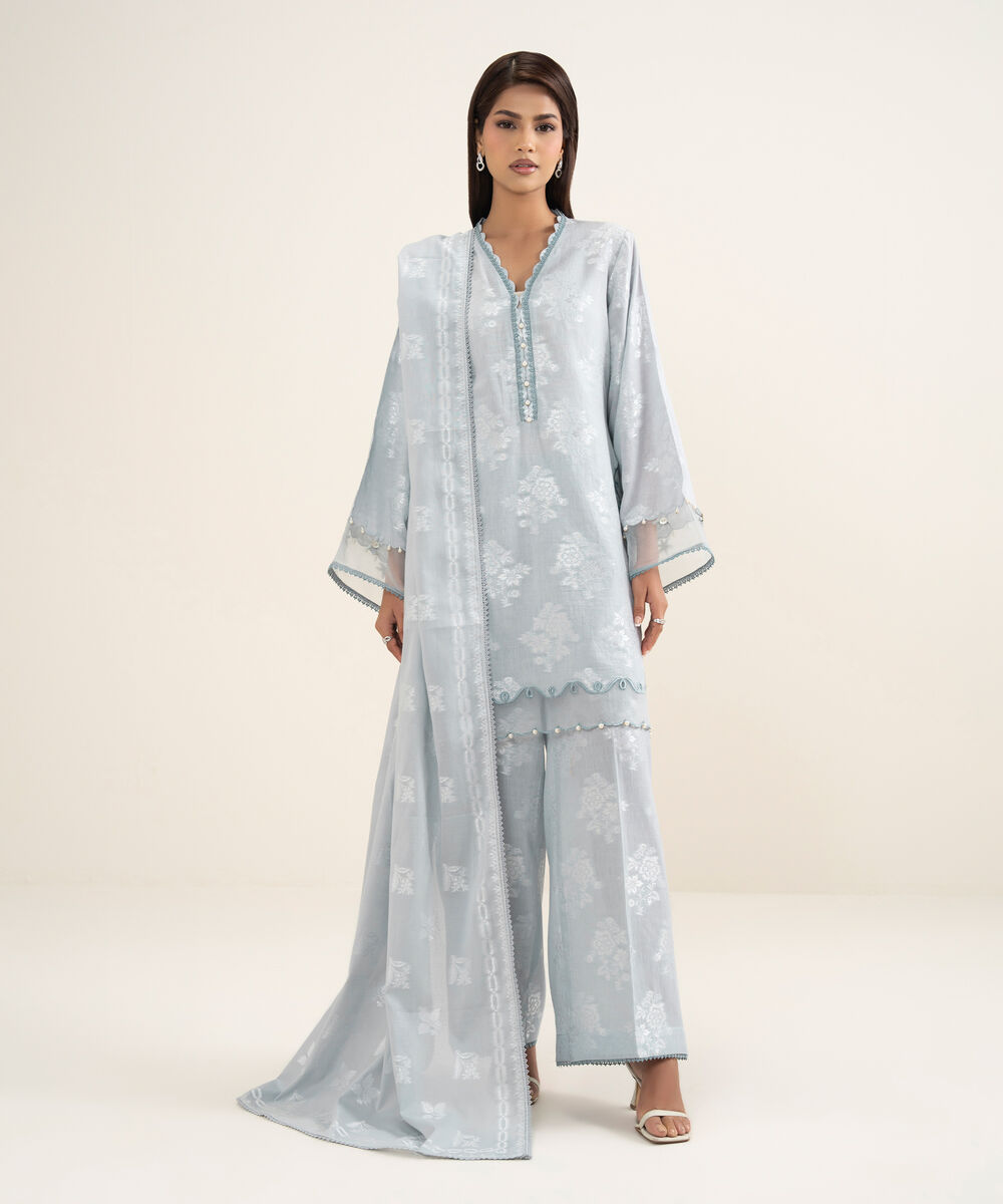 Women's RTW Zari Jacquard Embroidered Blue 2 Piece Suit