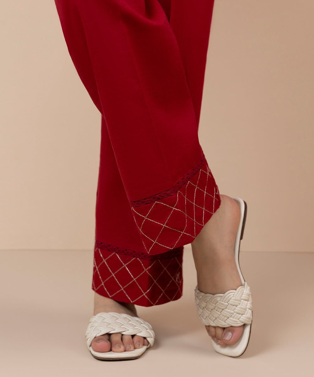 Women's Pret Cotton Linen Solid Embroidered Red Straight Pants