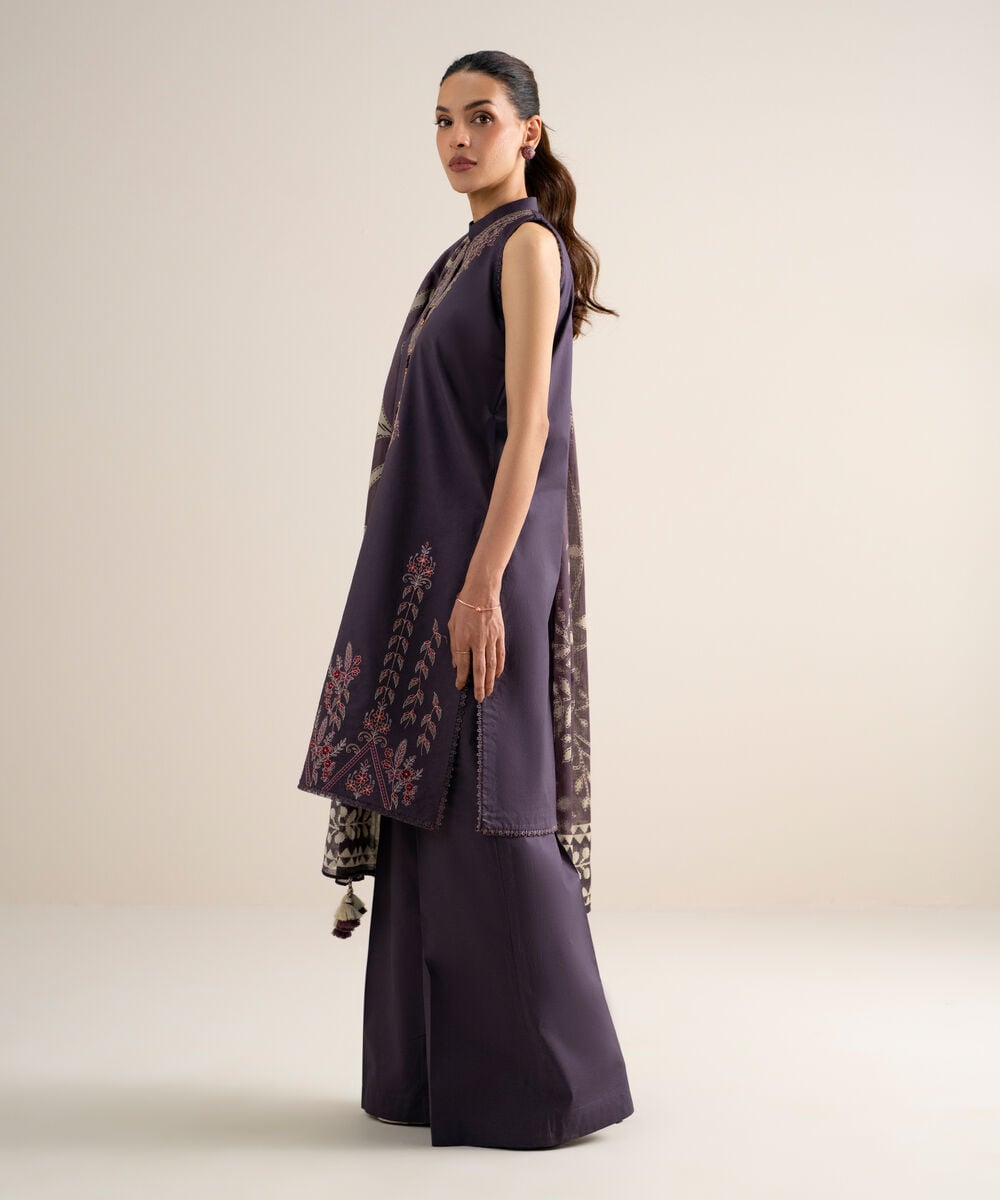 Women's Unstitched Lawn Embroidered Dull Purple  3 Piece Suit