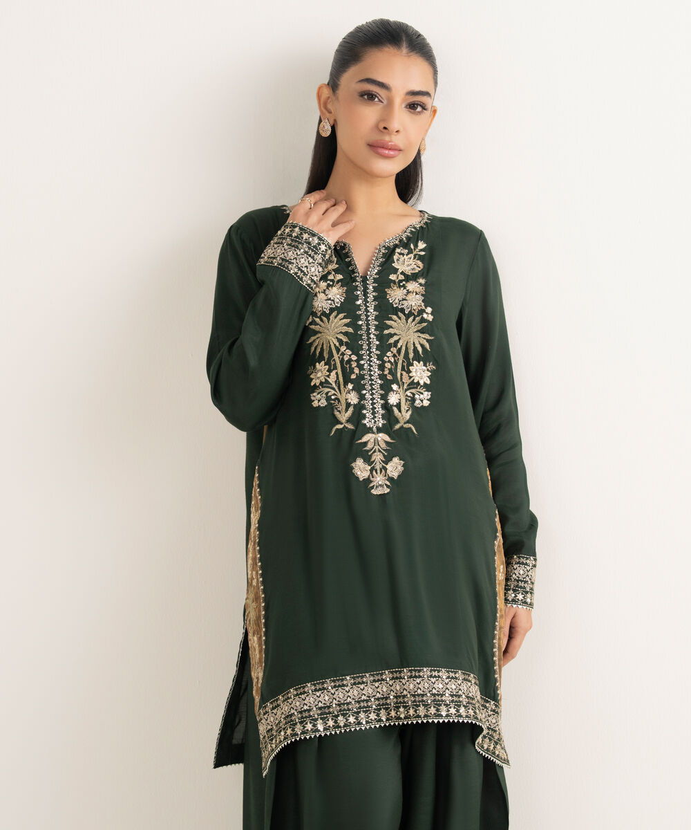 Women's RTW Viscose Raw Silk Embroidered Green 2 Piece Suit