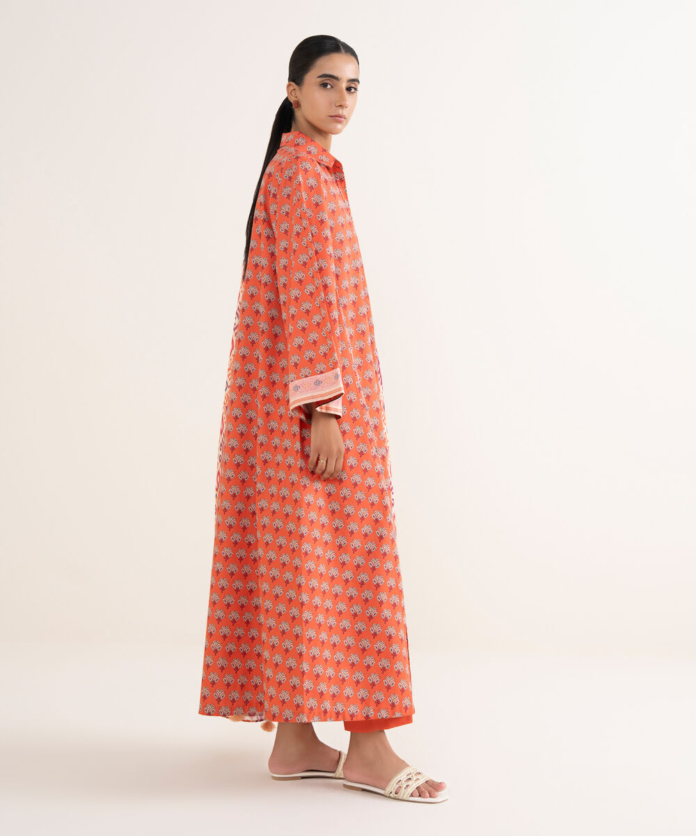 Women's Unstitched Cotton Printed Orange 3 Piece Suit