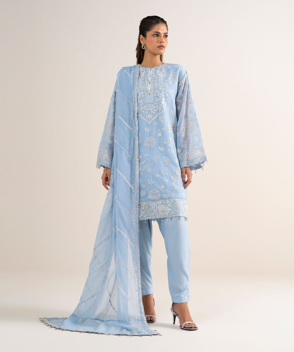 Women's Unstitched Khaddi Net Embroidered Blue