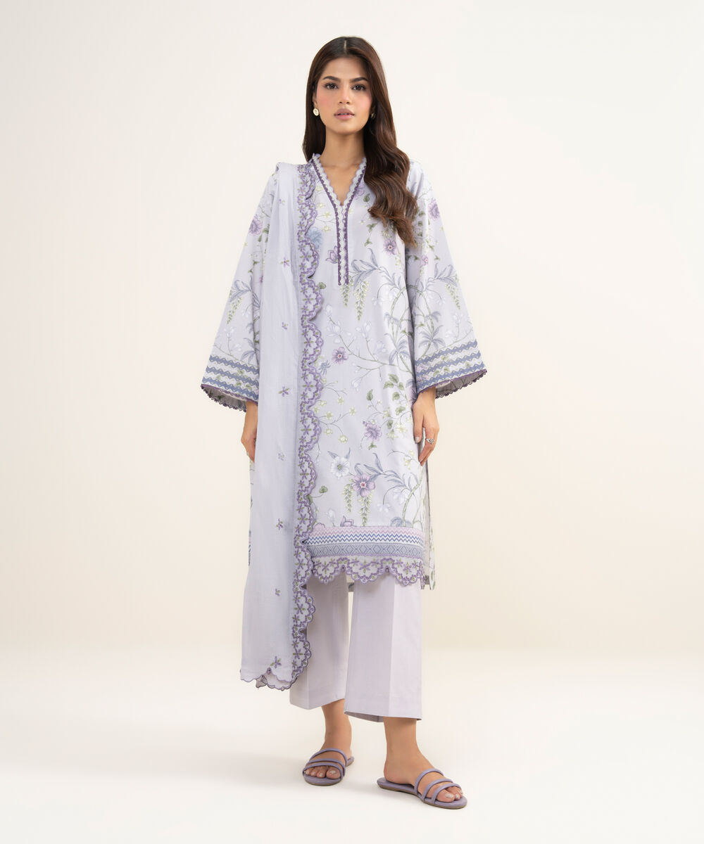 Women's Unstitched Lawn Embroidered Purple 3 Piece Suit