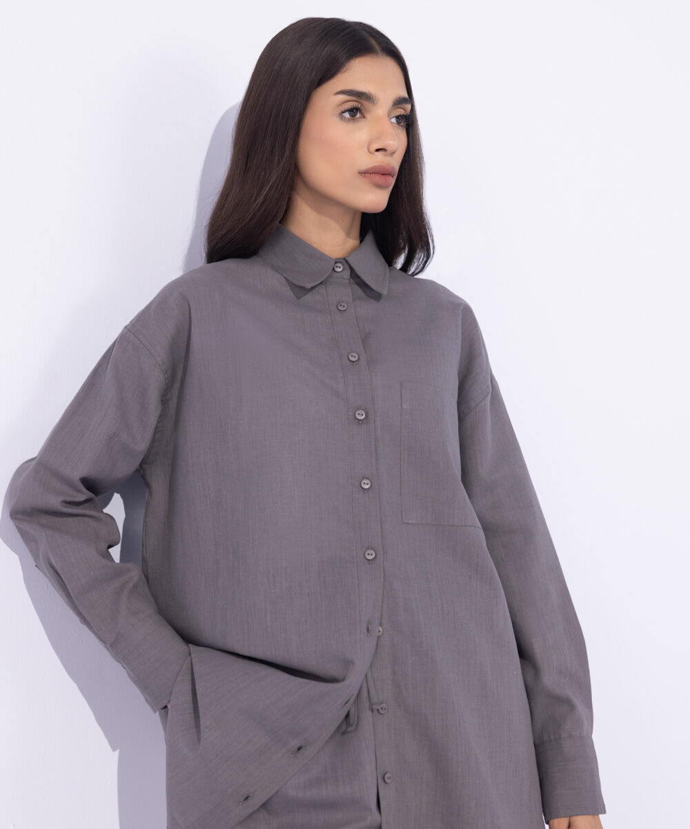 Women's Western Wear Grey Linen Blend Button Through Shirt