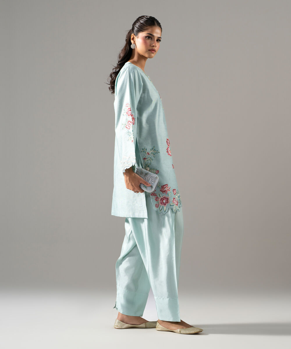 Women's RTW Cotton Net Solid Embroidered Blue 2 Piece Suit