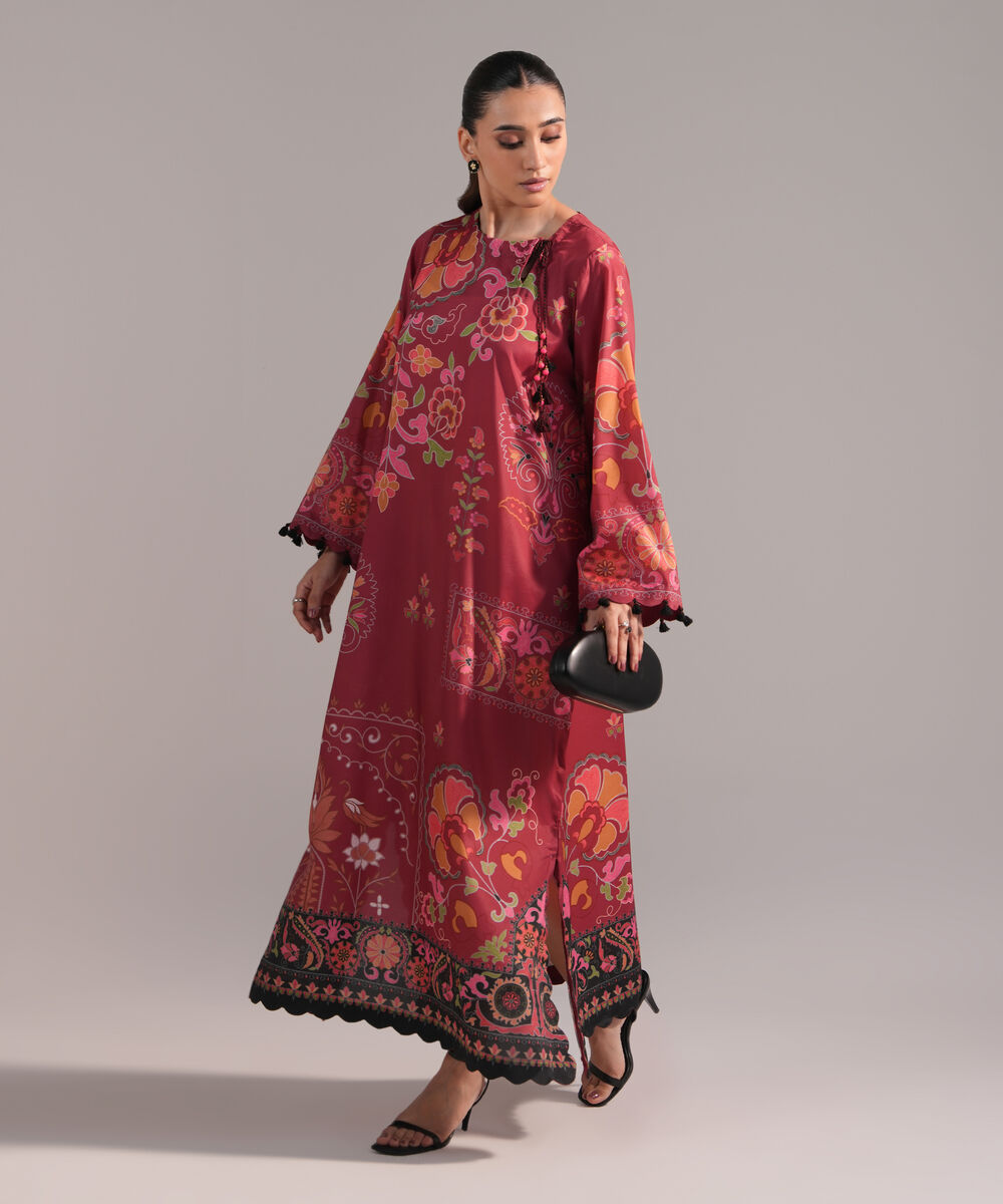 Women's RTW Blended Grip Silk Printed Red A-Line Shirt