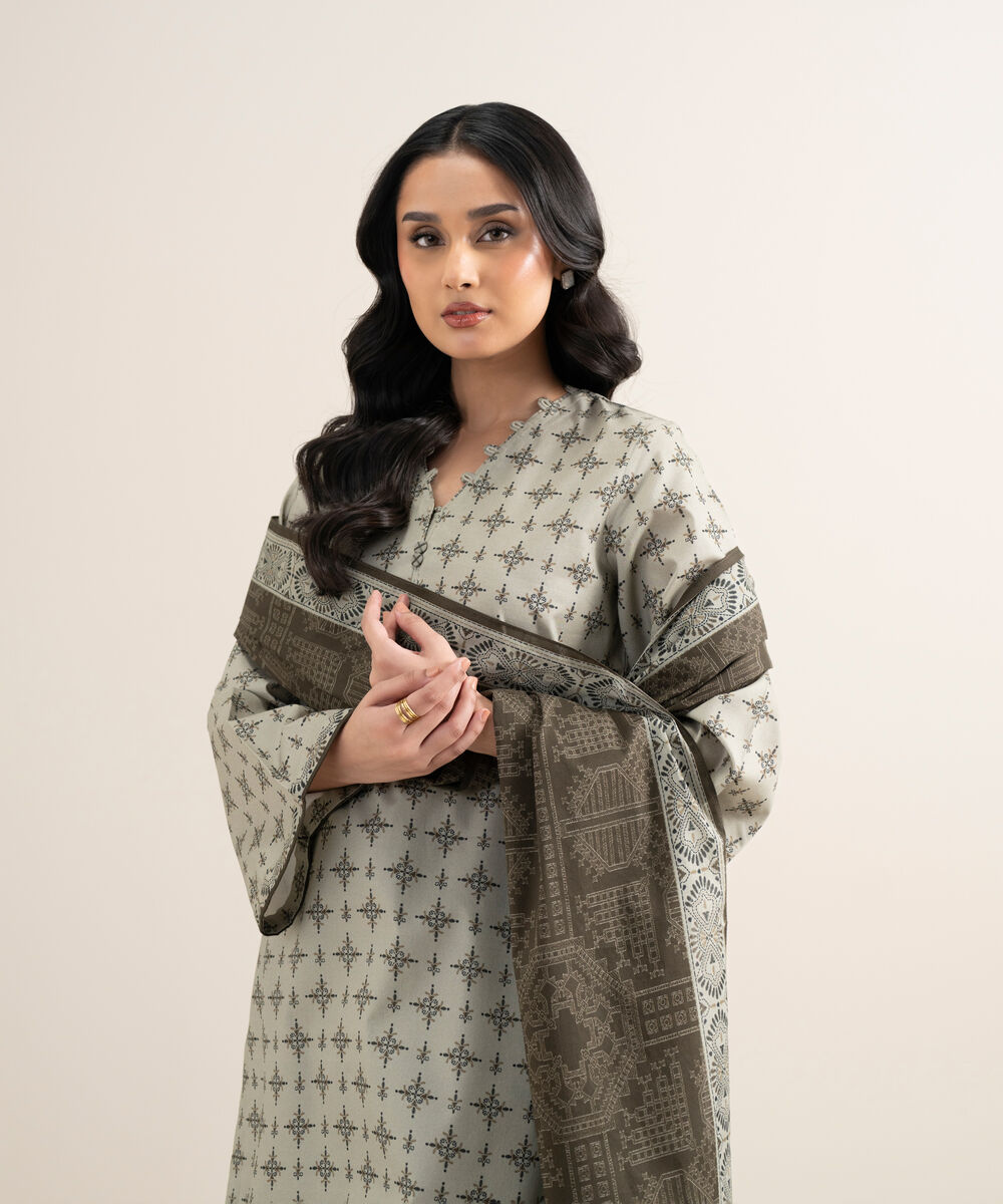 Women's Unstitched Lawn Printed Beige 3 Piece Suit