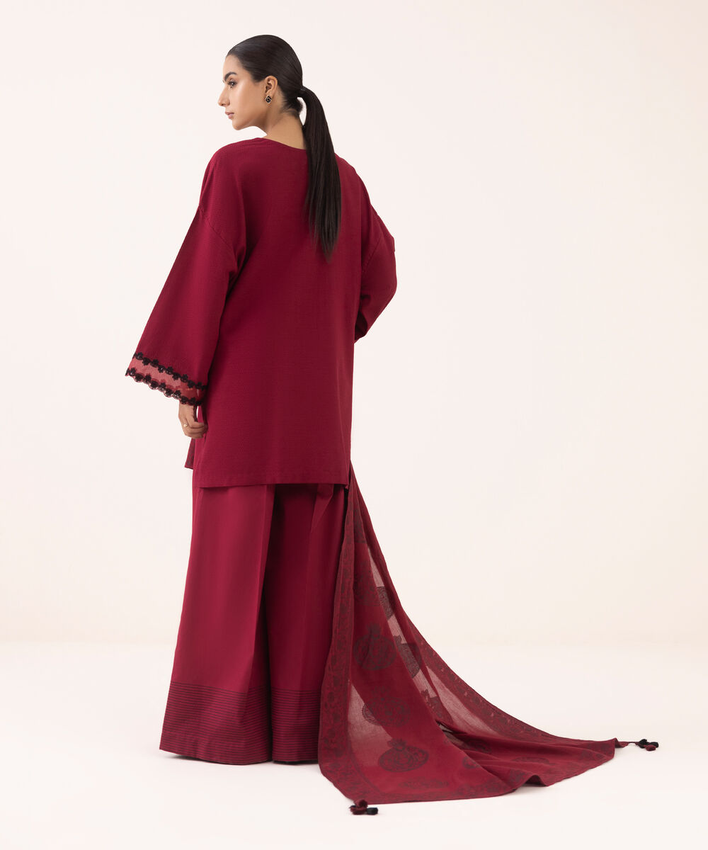 Women's Unstitched Dobby Embroidered Maroon Three Piece Suit