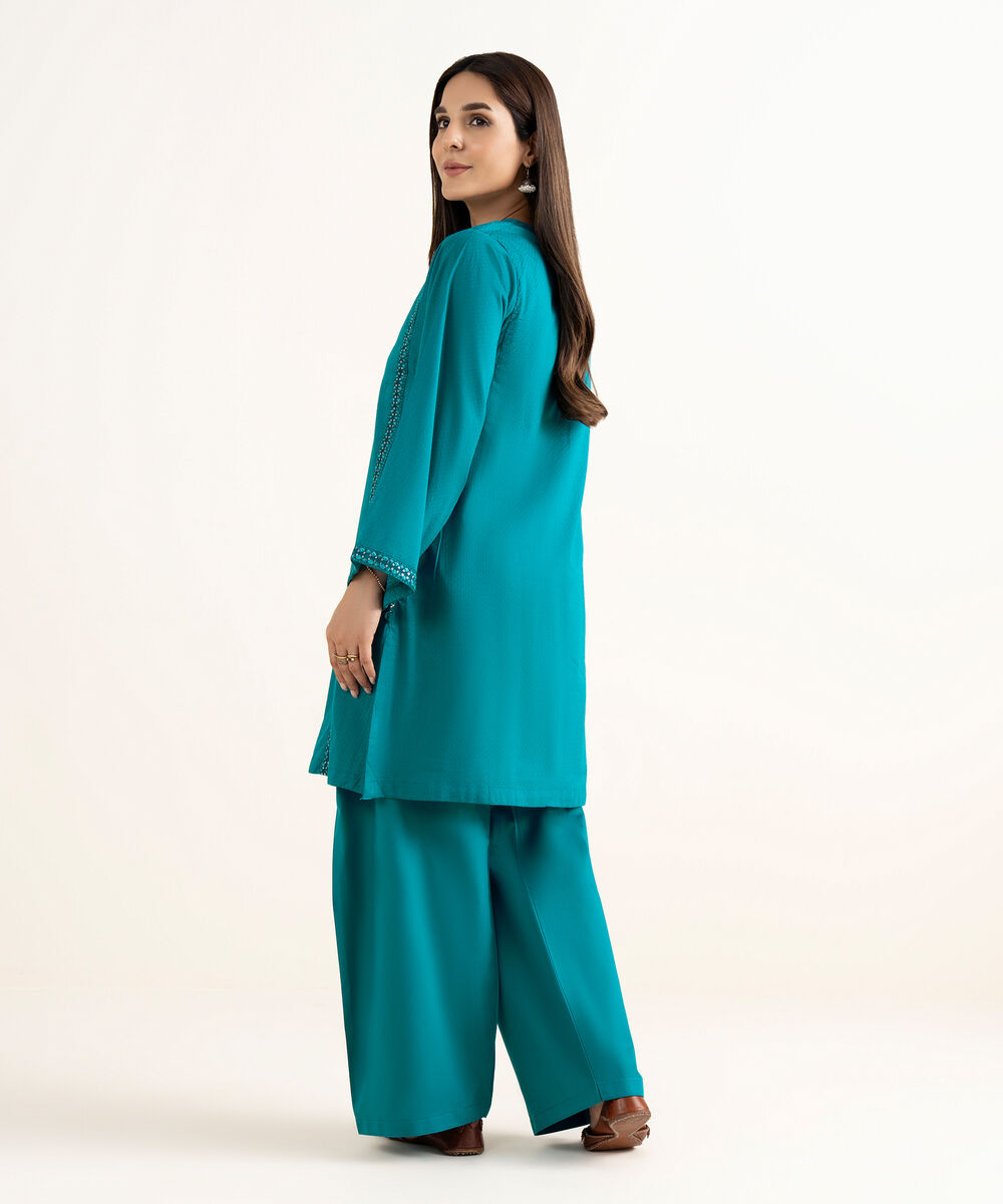 Women's RTW Textured Cotton Blue Embroidered A-Line Shirt