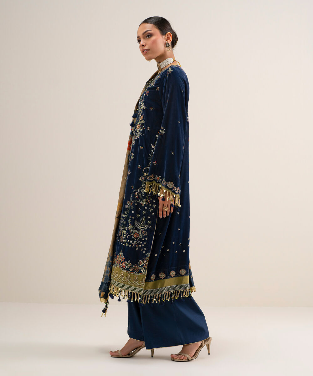Women's Unstitched Embroidered Velvet Blue 3 Piece Suit