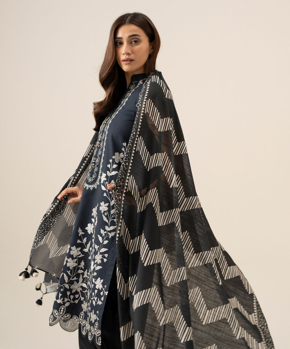 Women's Unstitched Lawn Embroidered Black 3 Piece Suit