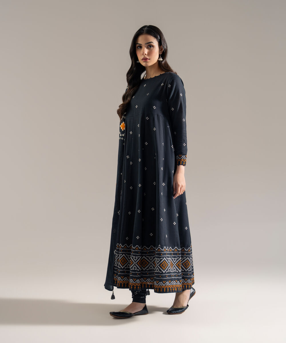 Women's RTW Khaddar Printed Black 3 Piece Suit