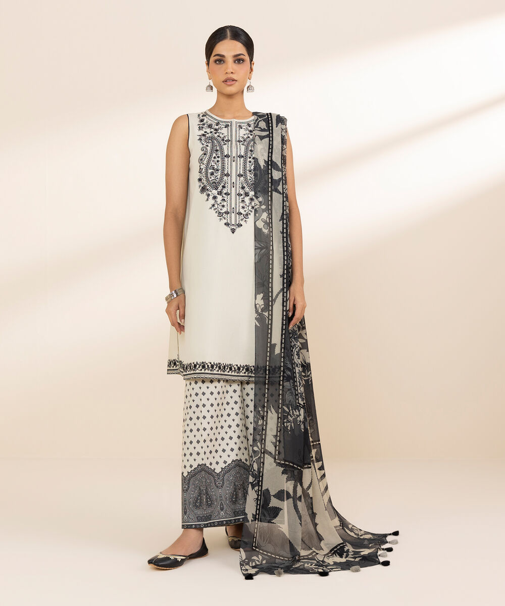 Women's Unstitched Lawn Embroidered Off White 3 Piece Suit