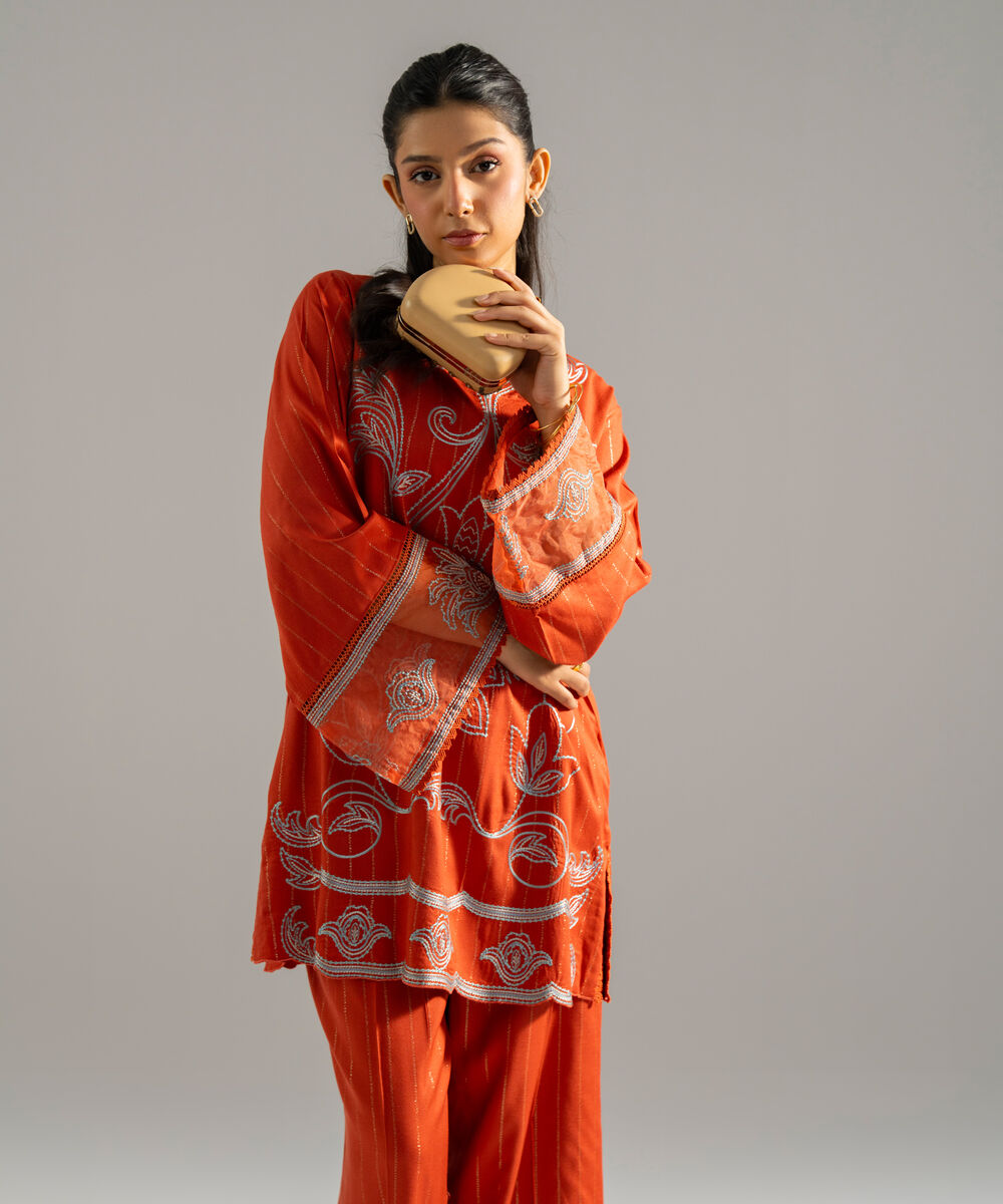 Women's RTW Dobby Crepe Lurix Solid Embroidered Rust Straight Shirt