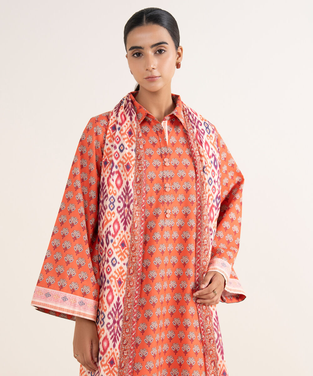 Women's Unstitched Cotton Printed Orange 3 Piece Suit