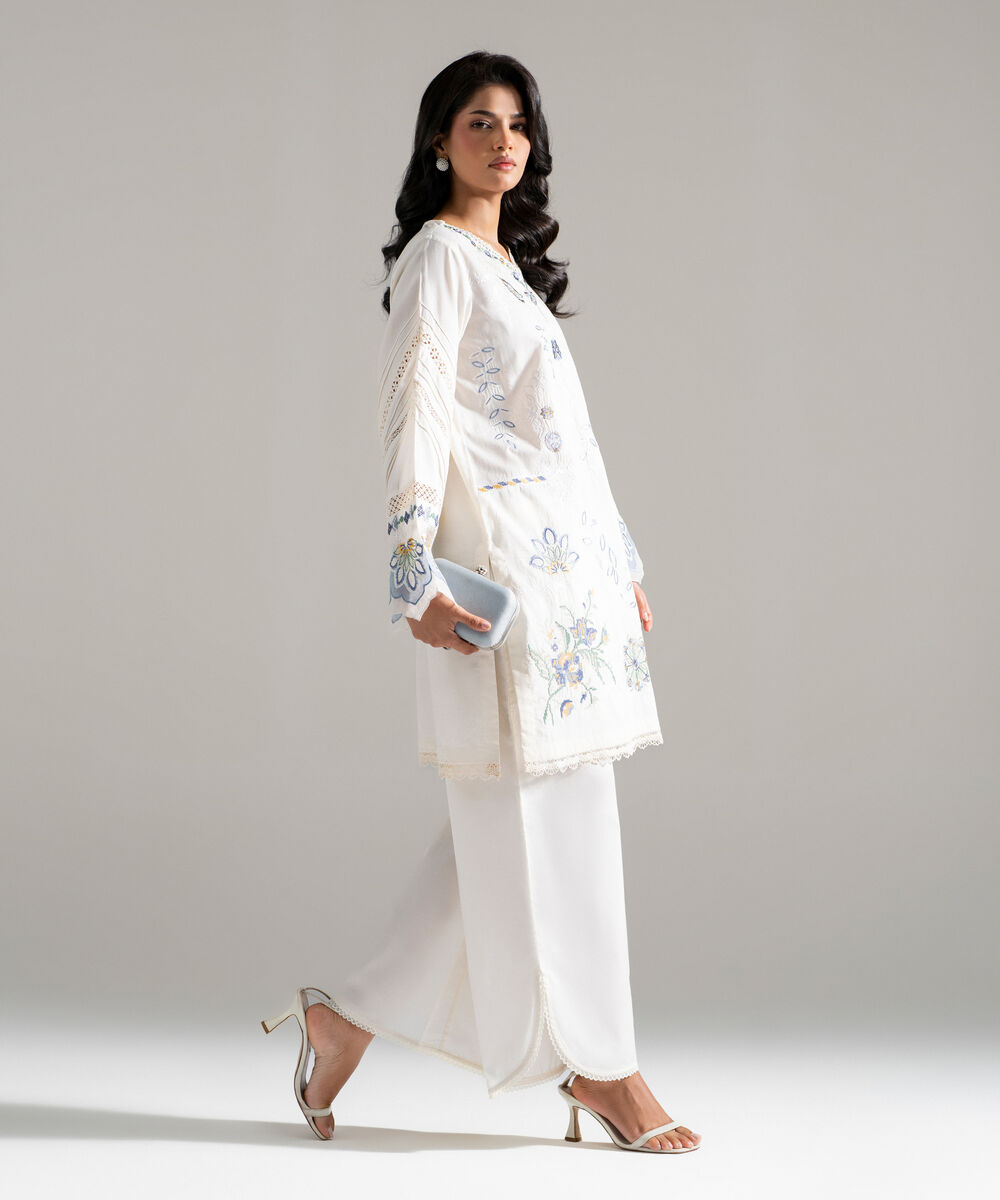 Women's RTW Lawn Embroidered Off White 2 Piece Suit
