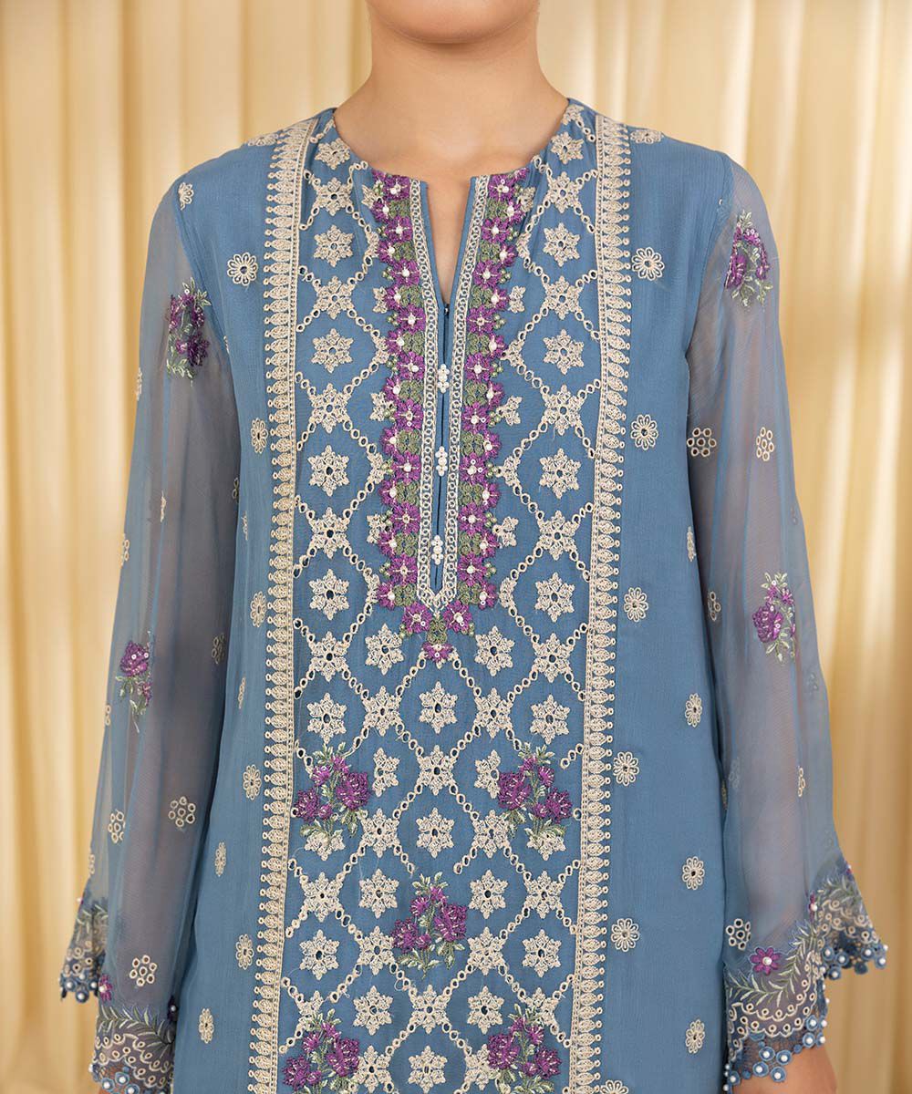 Unstitched Women's Blue Chiffon Embroidered 3 Piece Suit