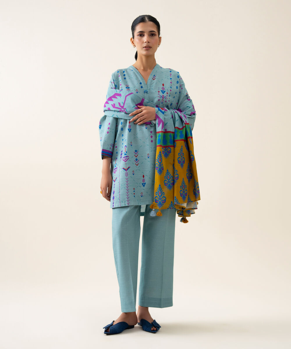 Womens Unstitched Premium Khaddar Printed Light Blue 3 Piece Suit