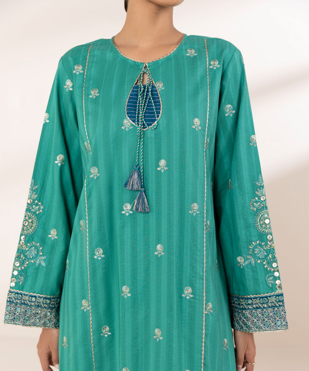 Women's RTW Dobby Green Embroidered A-Line Shirt