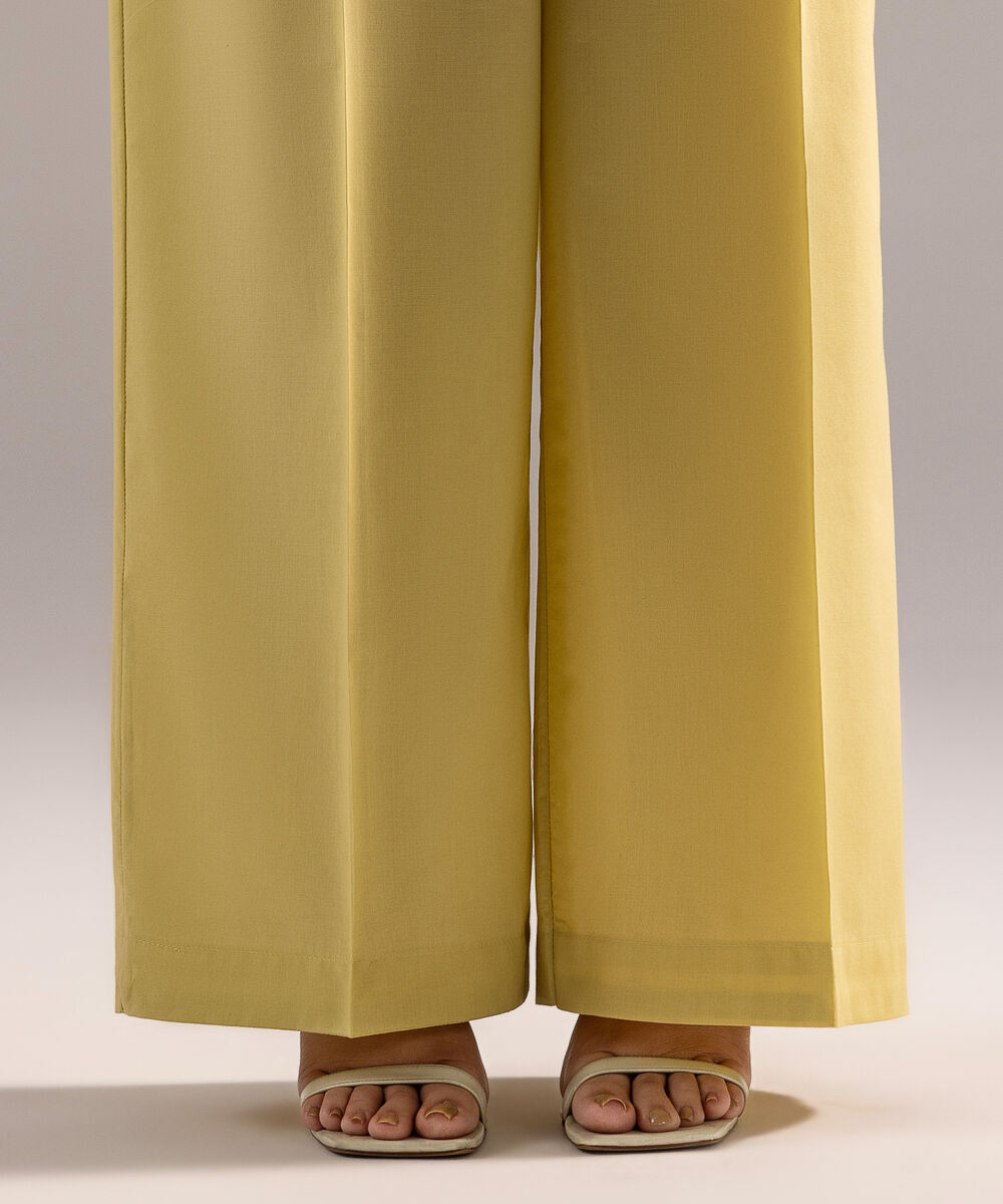 Women's RTW Cambric Solid Pale Yellow Flared Pants