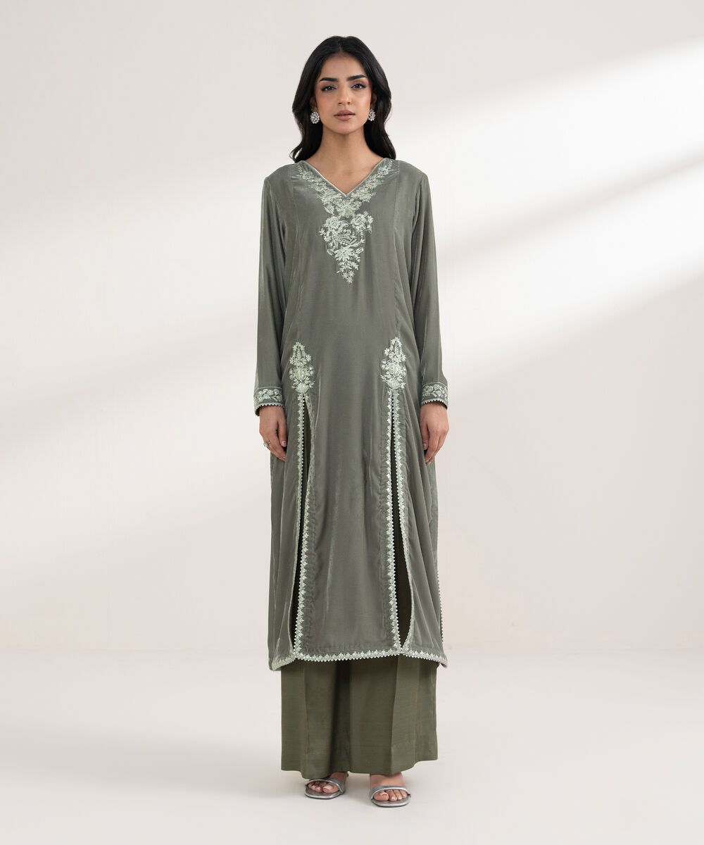 Women's RTW Velvet Embroidered Grey Straight 2 Piece Suit