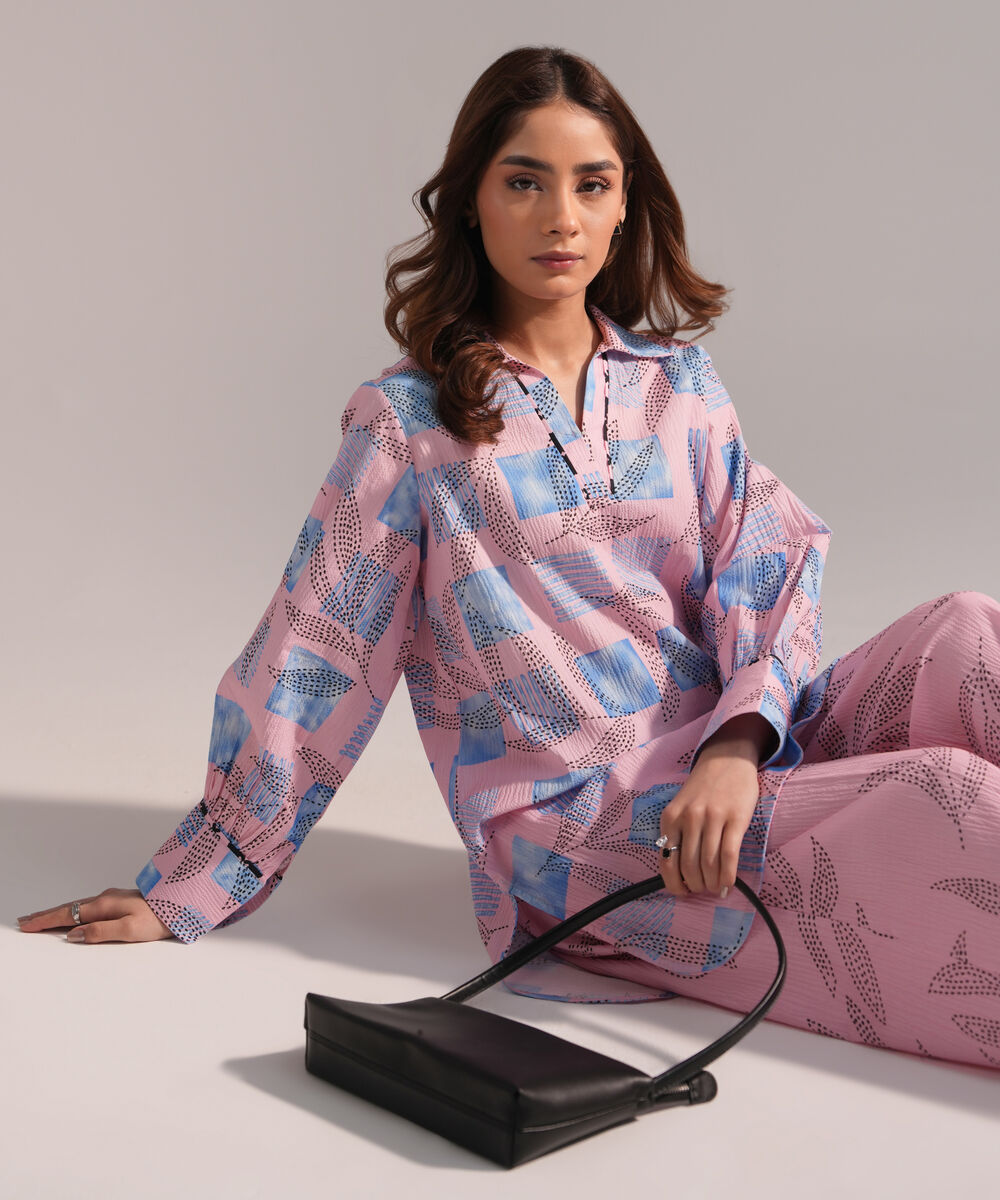 Women's RTW Seersucker Printed Pink Straight Shirt