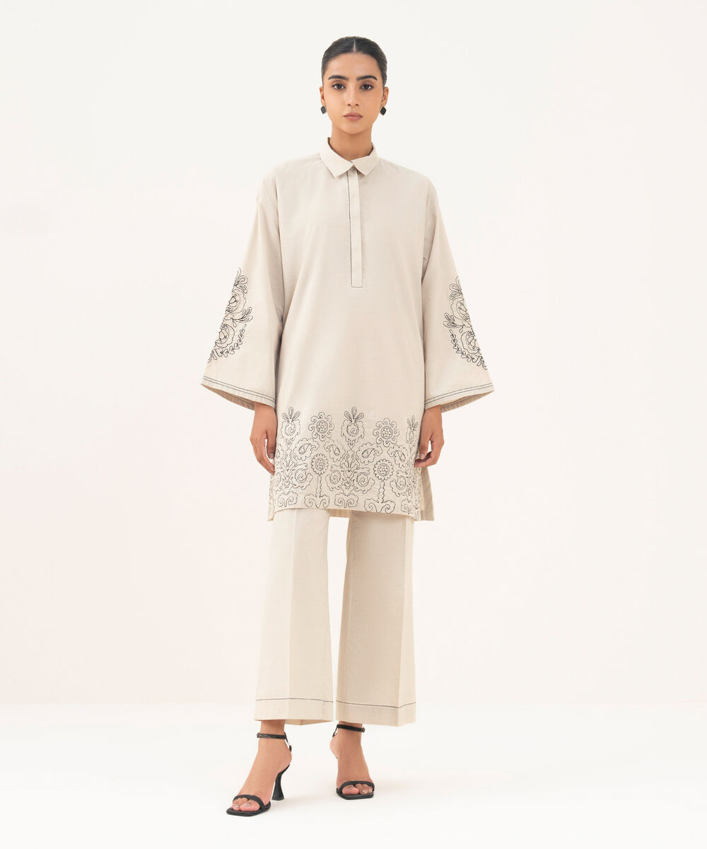 Women's RTW Textured Cotton Beige Embroidered Drop Shoulder Shirt