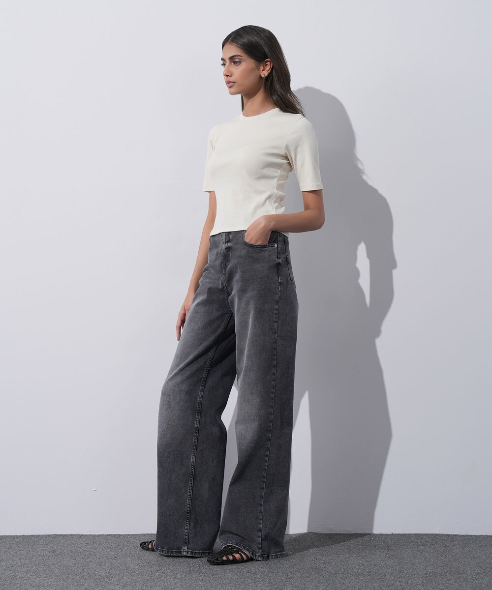 Women's Western Wear Ivory Slim-Fit Ribbed T-Shirt