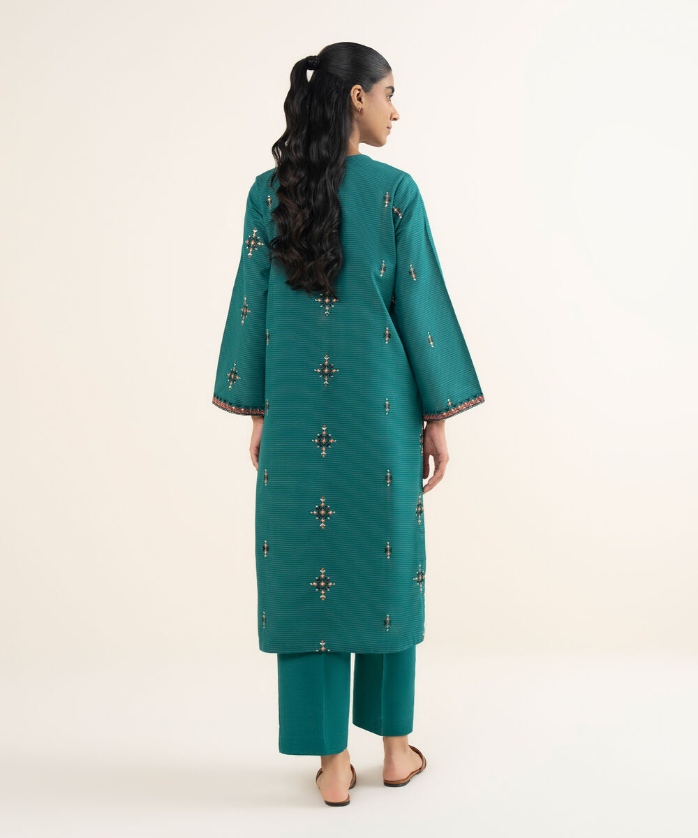 Women's RTW Fancy Textured Slub Embroidered Teal Straight Shirt