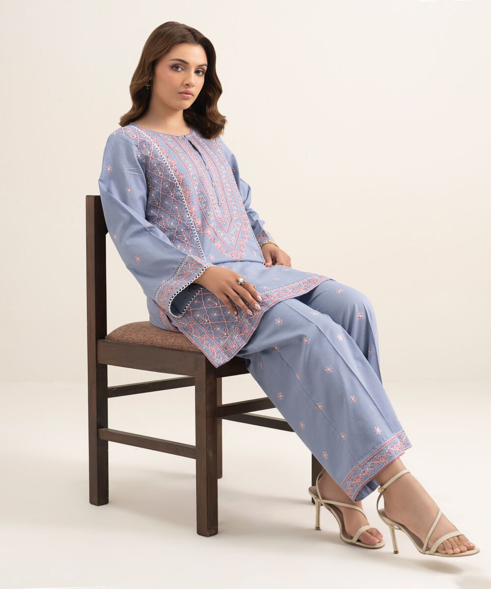 Women's RTW Dobby Embroidered Grey Straight Shirt