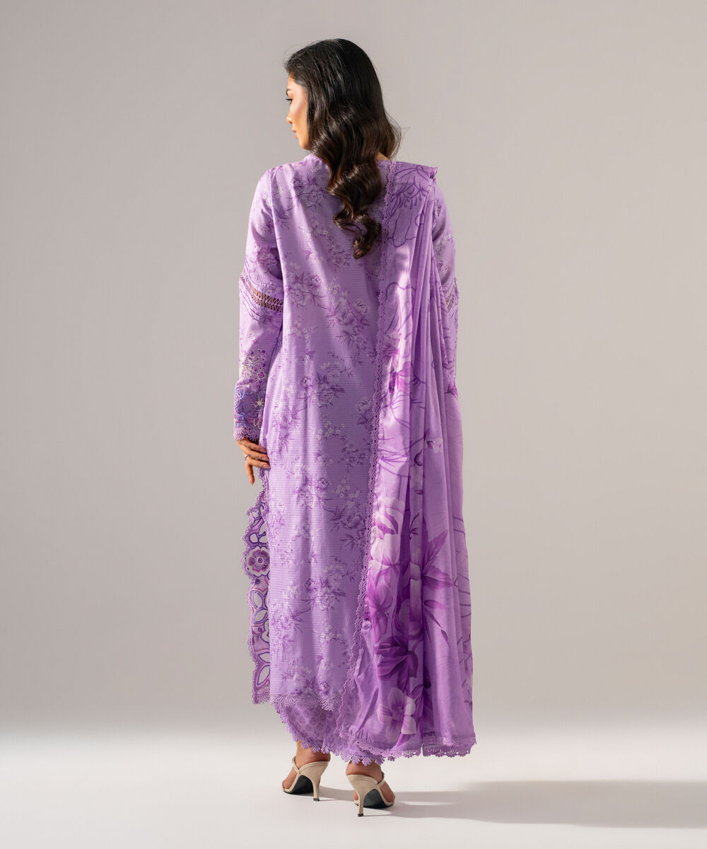 Women's RTW Dobby Printed Embroidered Lilac 3 Piece Suit