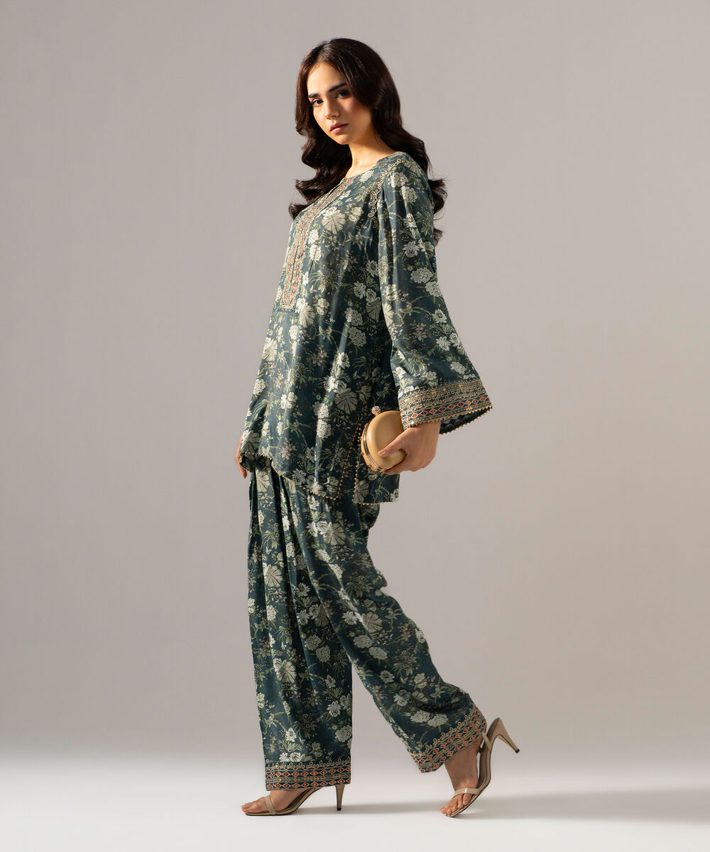 Women's RTW PK Raw Silk Printed Embroidered Teal Blue 2 Piece Suit