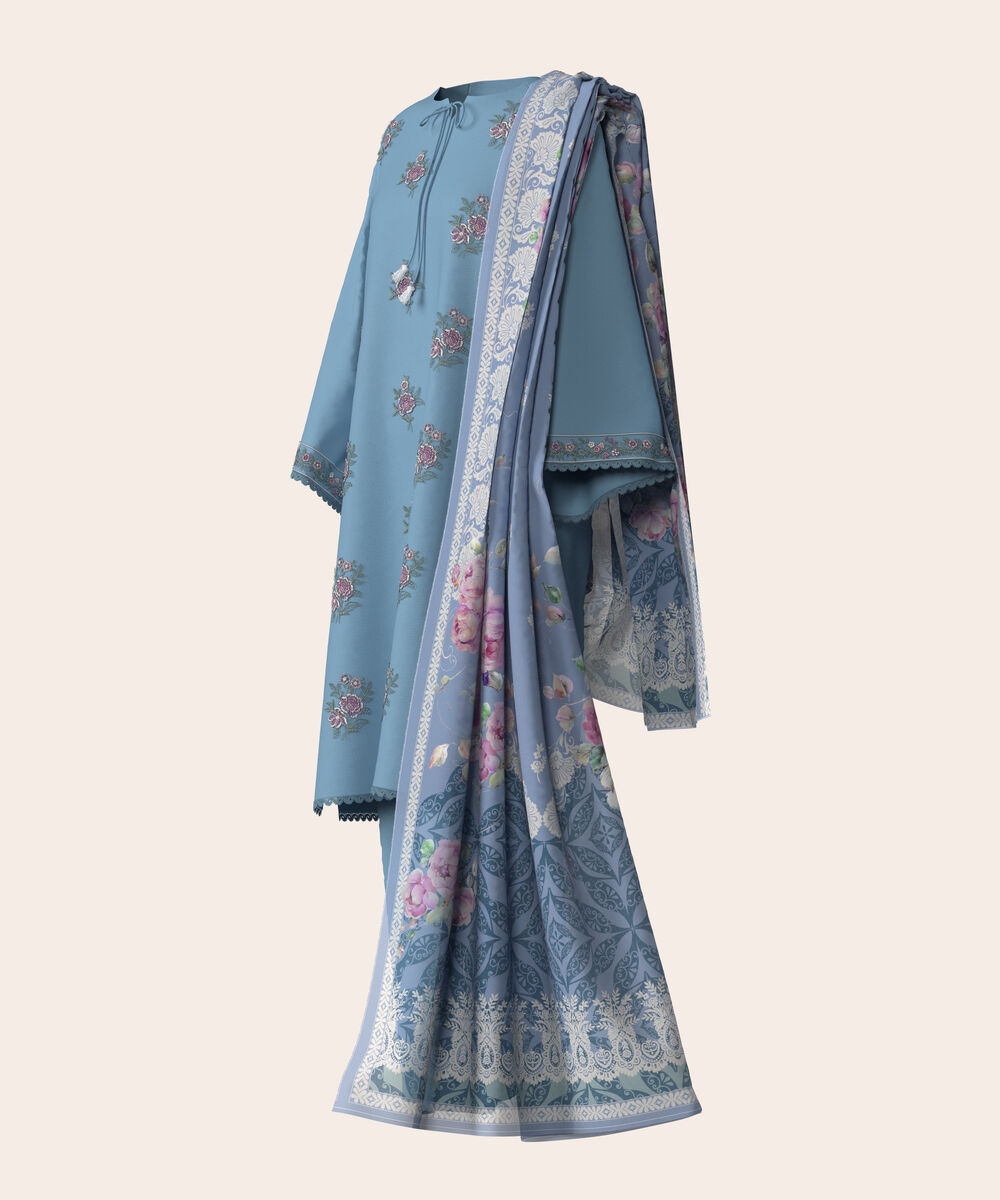 Women's Unstitched Lawn Blue  Embroidered 3 Piece Suit