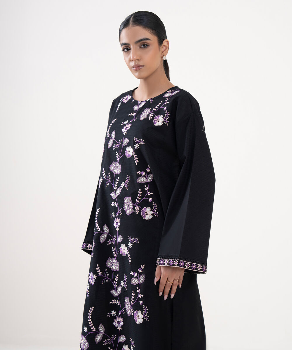 Women's RTW Textured Lawn Black Embroidered A-Line Shirt