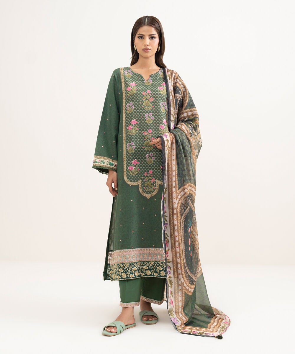 Women's RTW Zari Cotton Embroidered Green A-Line Shirt