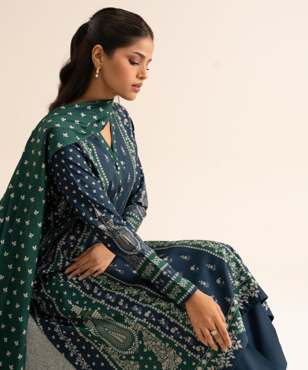 Women's Unstitched Viscose Linen Printed Dark Blue 3 Piece Suit