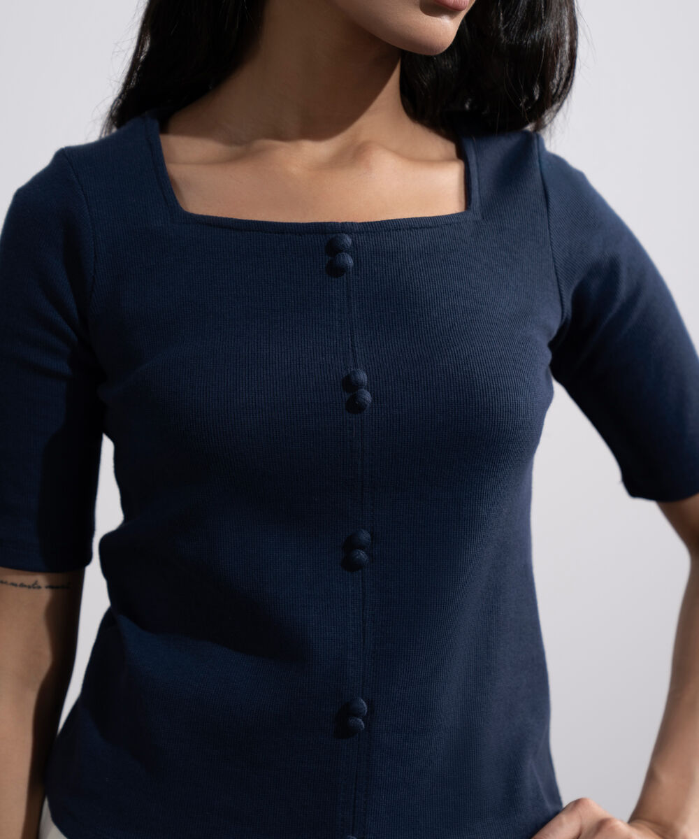 Women's Blue Square Neck Ribbed Top