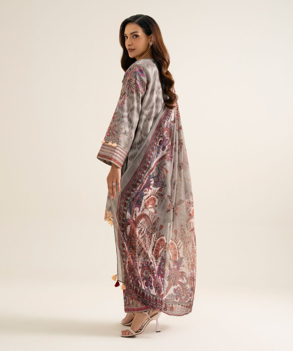 Women's Unstitched Blended Chiffon Printed Grey & Multi 3 Piece Suit