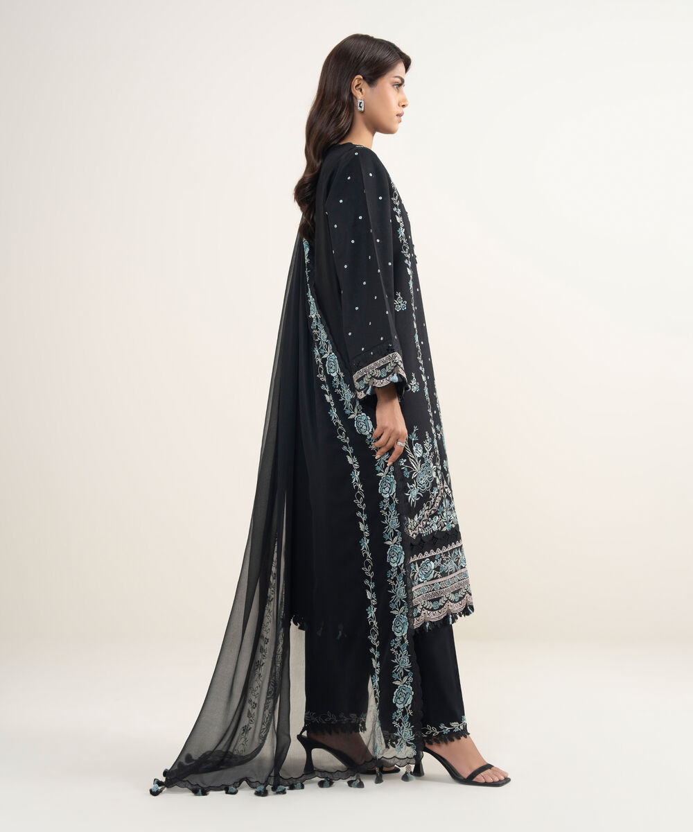 Women's Unstitched Cotton Net Embroidered Black 3 Piece Suit