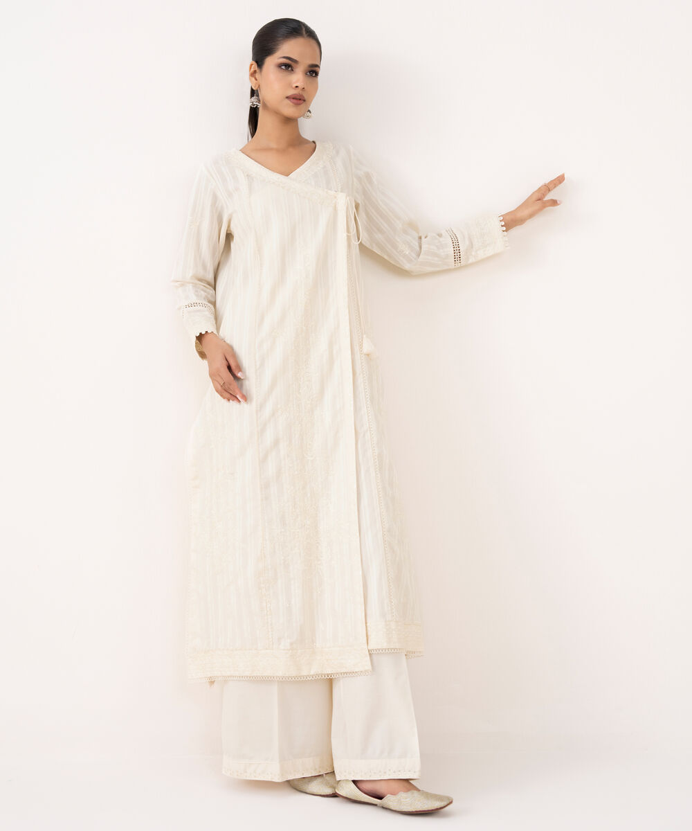 Women's RTW Textured Lawn Off White Embroidered Angrakha